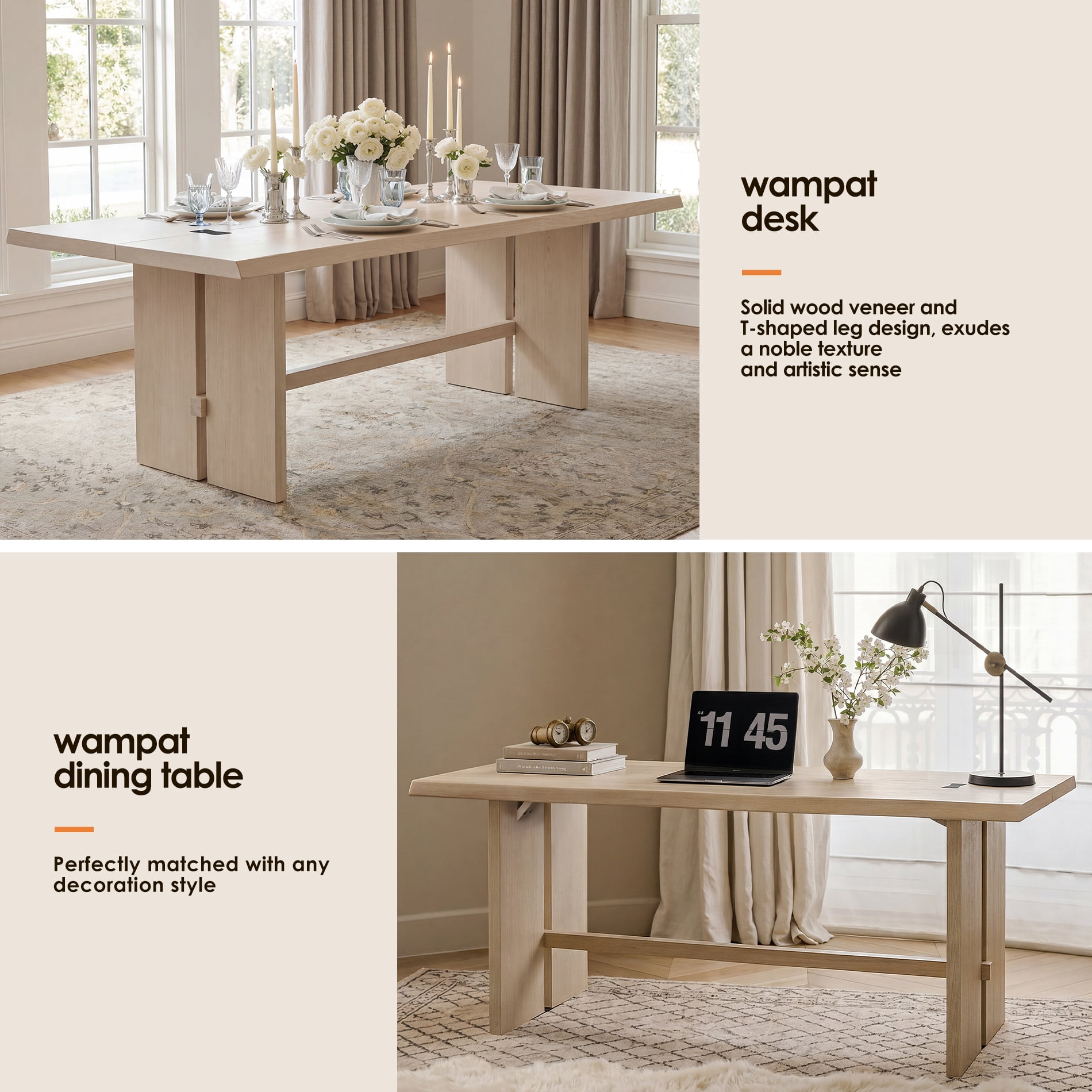 WAMPAT 67 Inch Home Office Writing Desk, Solid Wood Veneer Top, Stable Wooden Computer Desk with Black Bow Accent, Easy Assembly Workstation for Study & Bedroom
