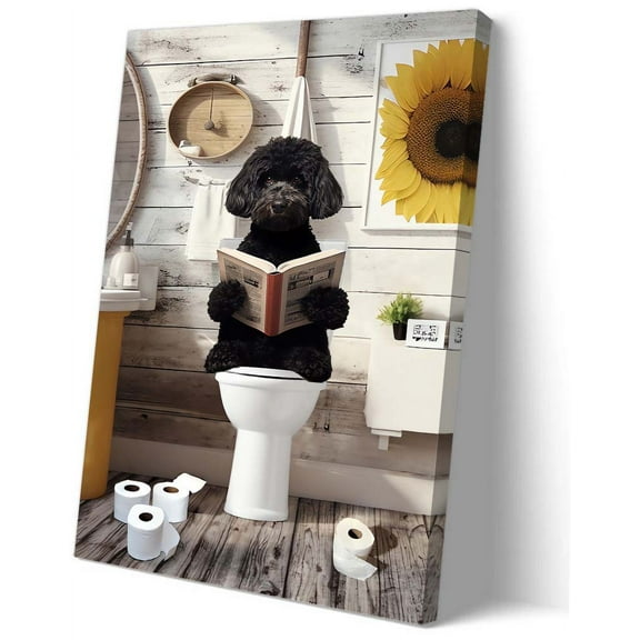 Funny Poodle Dog Poster Bathroom Wall Art Dog on Toilet Reading Newspaper Poster Canvas Pictures Giclee Art Deco Bedroom Wall Decorations for Hallway