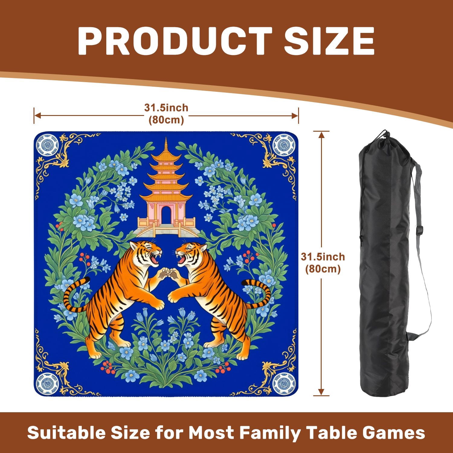 Mahjong Mat 31.5" x 31.5" Two Tigers Facing Each Other Pagoda Blue Floral Non-Slip Noise Reduction American Mahjong Tiles Table Cover for Dominoes Poker Card Board Games Gift
