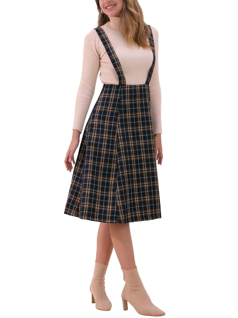 tartan a line dress Vintage Inspired Tartan Midi Pinafore Dress - Plaid A-Line Jumper outfit with Matching Belt