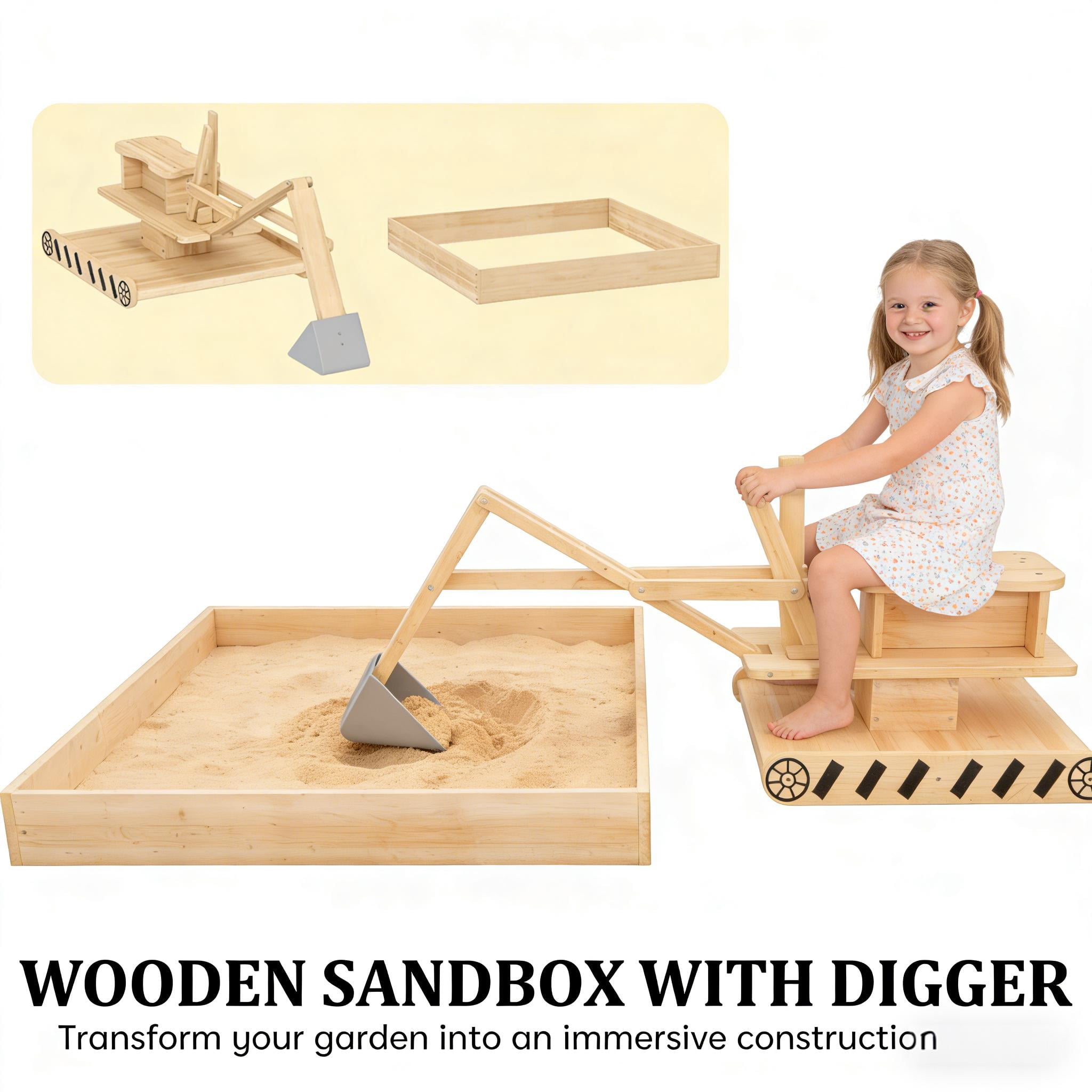 Kids Wooden Sandbox with 360° Rotating Digger, Large Fir Wood Sand Pit with Non-Woven Liner, Holds 440 Lbs Sand, Outdoor Play Construction Toy for Children Ages 3-6