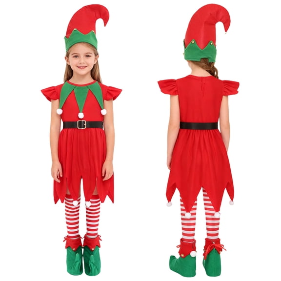 Aislor Christmas Elf Outfit for Girls 5Pcs Santa Helper Dress Suit with Hat Shoes Belt Striped Socks Red 120cm