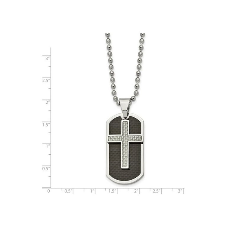 Stainless Steel Black Carbon Fiber Wood Inlay Reversible Dog Tag 22 inch Ball Chain Necklace