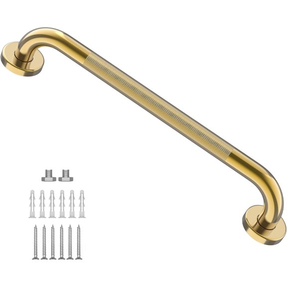 Gold Shower Grab Bar 24 Inch, Stainless Steel Anti-Slip Bathroom Grab Bar w/Knurled Grip, Golden Safety Balance Support Toilet Assist Handrail Textured Handle for Handicap Injury Elderly Senior