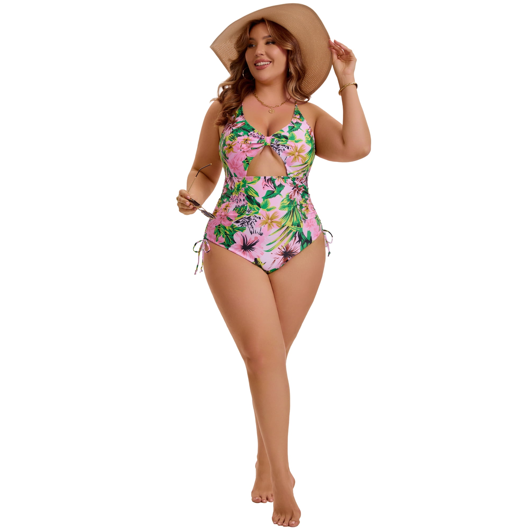 DARING DIVA Women's Plus Swimsuit Tummy Control Cutout Monokini 2X Pink Green Floral