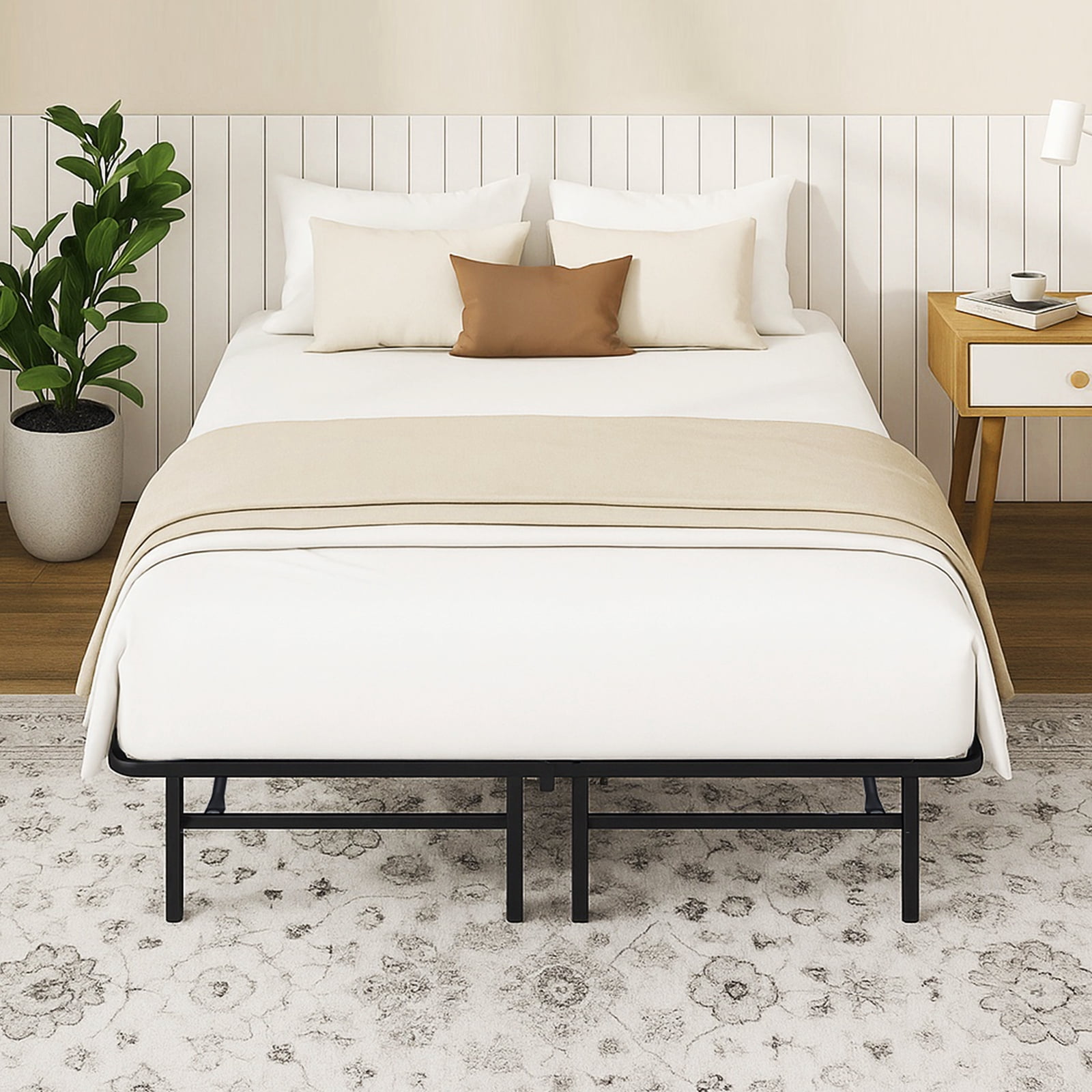 HaiCube Heavy Duty Foldable Metal Queen Size Bed Frame, No Assembly Steel Platform with Rounded Corners, 14 Inch High, Easy Storage, Black