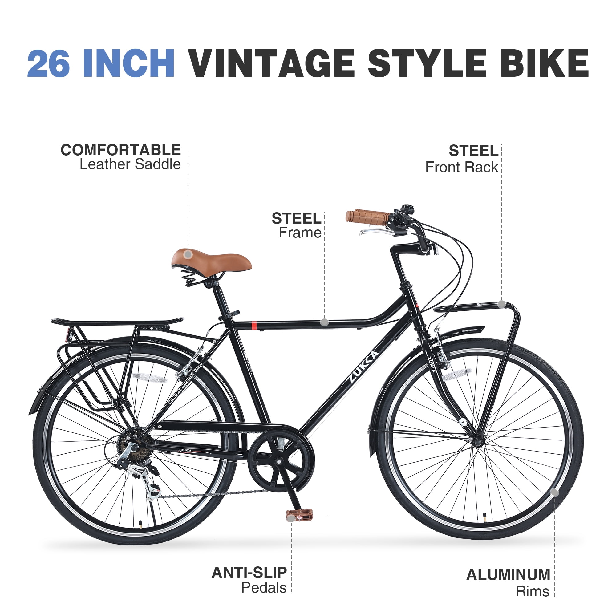 Zukka 26" Commuter Bike Vintage Style with Rack City Commuting Cruiser Bicycle for Men Women Black