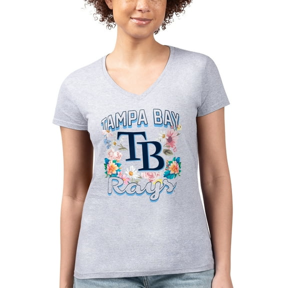 Women's G-III 4Her by Carl Banks Heather Gray Tampa Bay Rays Flowers Graphic Fitted V-Neck T-Shirt