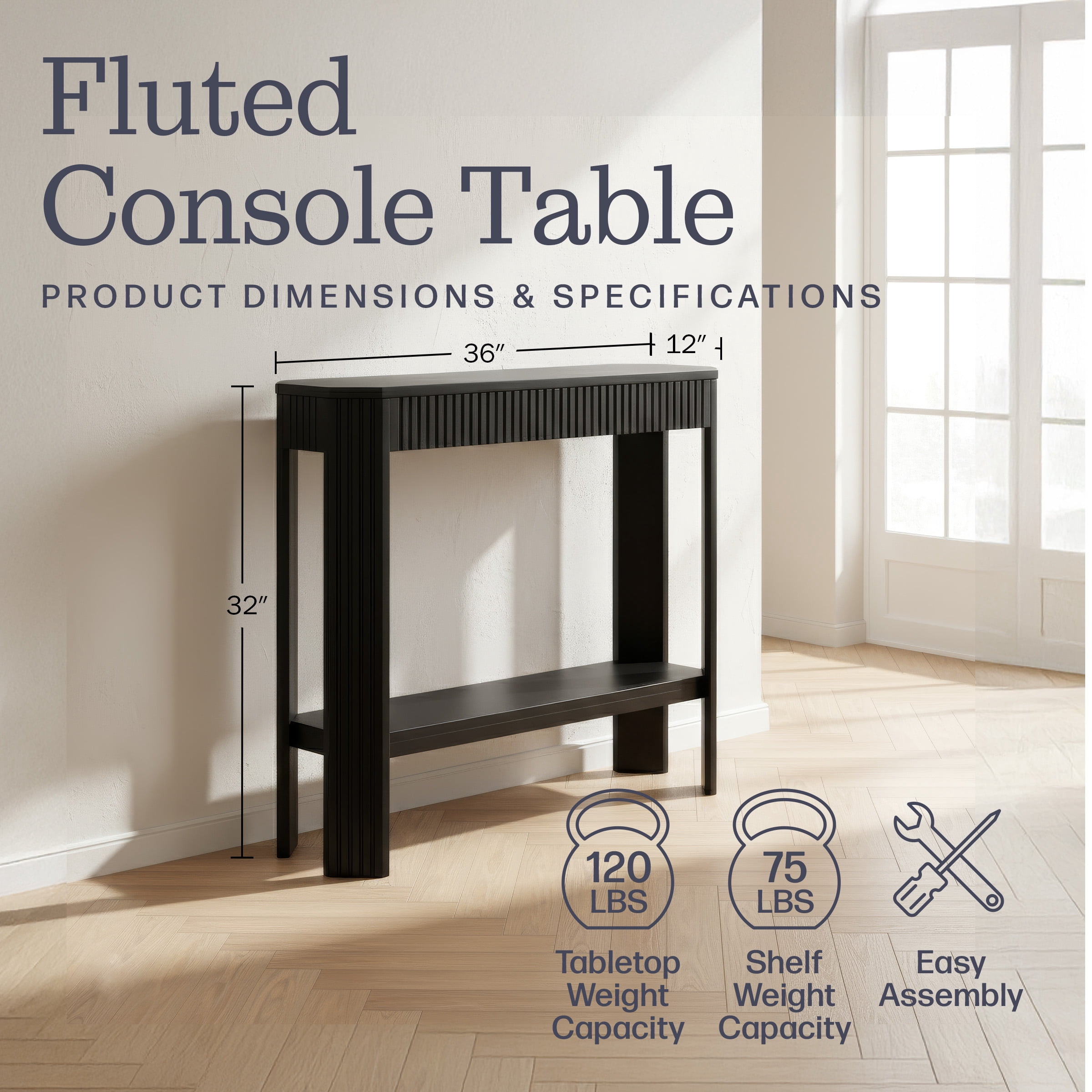 Alaterre Furniture Fluted Wood Console Table - 36in Modern Entryway Table with Storage Shelf, Black