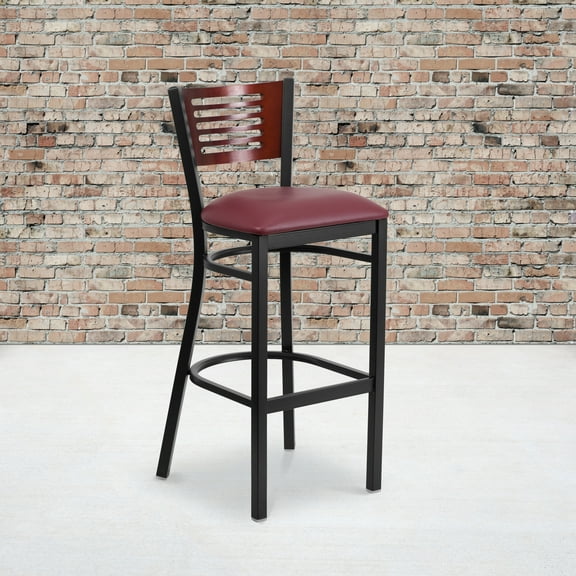 Emma Oliver Slat Back Metal Dining Barstool, Mahogany Back, Burgundy Seat