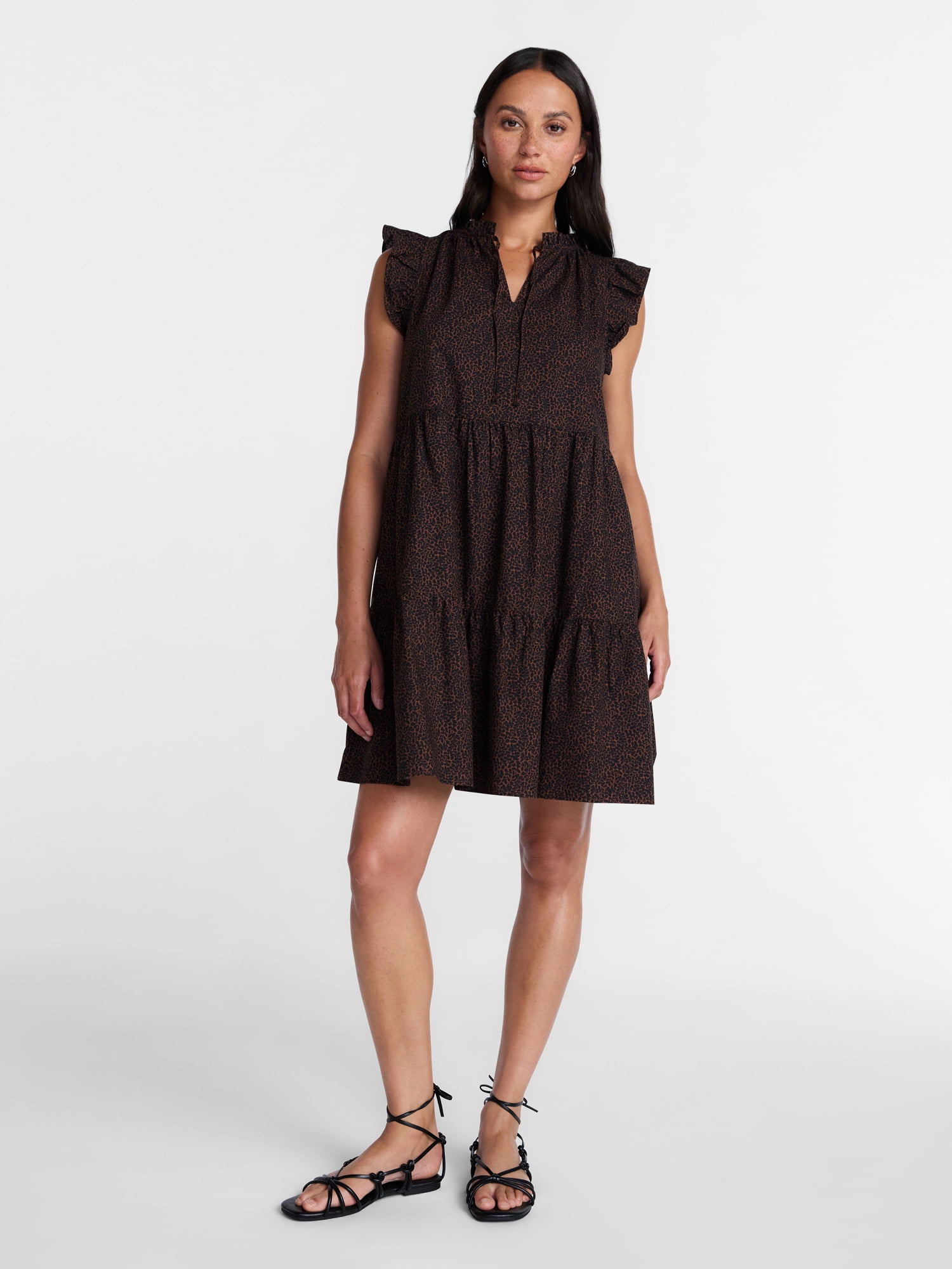 Time and Tru Women's and Women's Plus Tiered Cotton Mini Dress with Flutter Sleeves, Sizes XS-4X