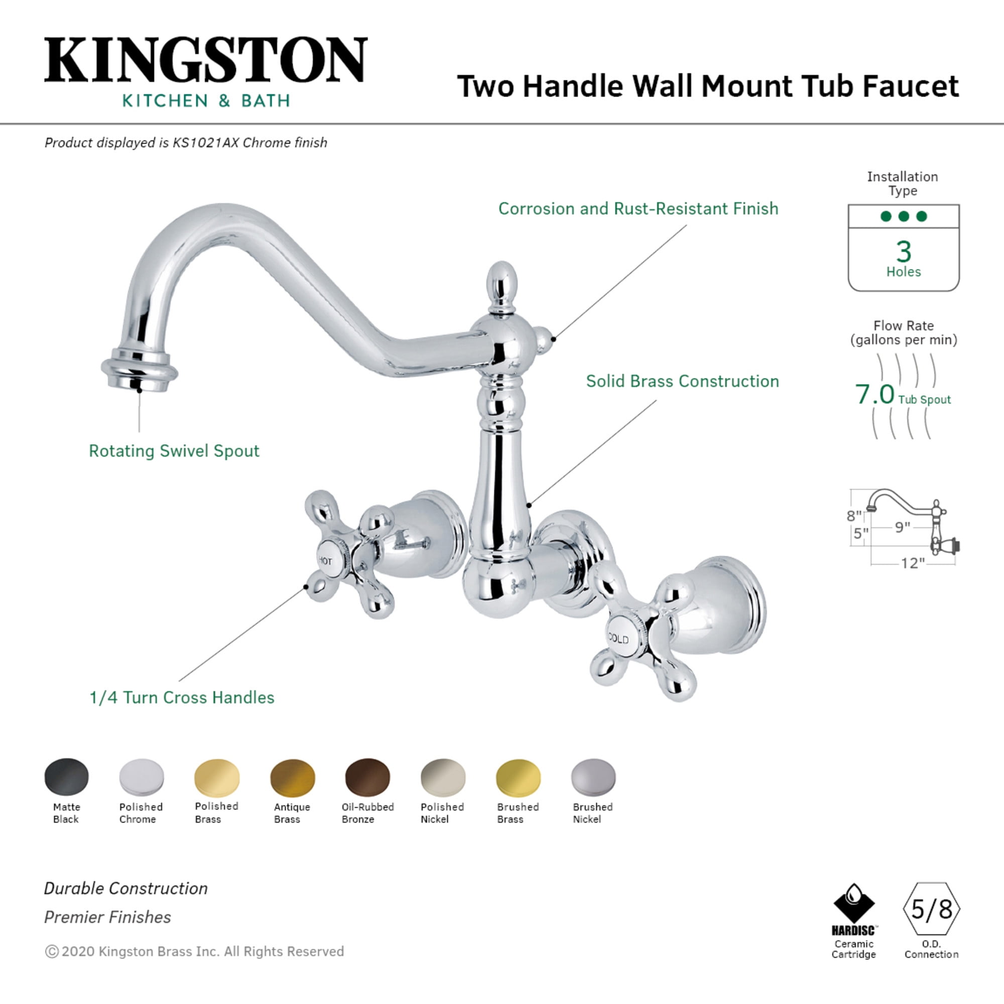 Kingston Brass KS1023AX Heritage Two-Handle Wall Mount Roman Tub Faucet, Antique Brass