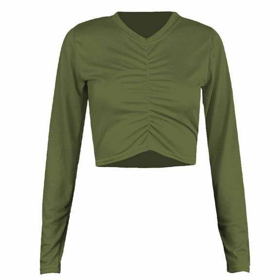 WREESH Womens Fashion Crop Tops Solid Color Spring Fall Patchwork Slim Long Sleeves Round Neck Casual Short T-Shirt Tops Olive Green