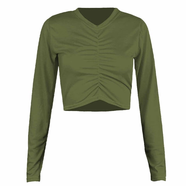 Timegard Hauts Courts pour Femmes Manches Longues Col Rond Froncé Slim Confortable Tee Décontracté pour Sortir Blouse