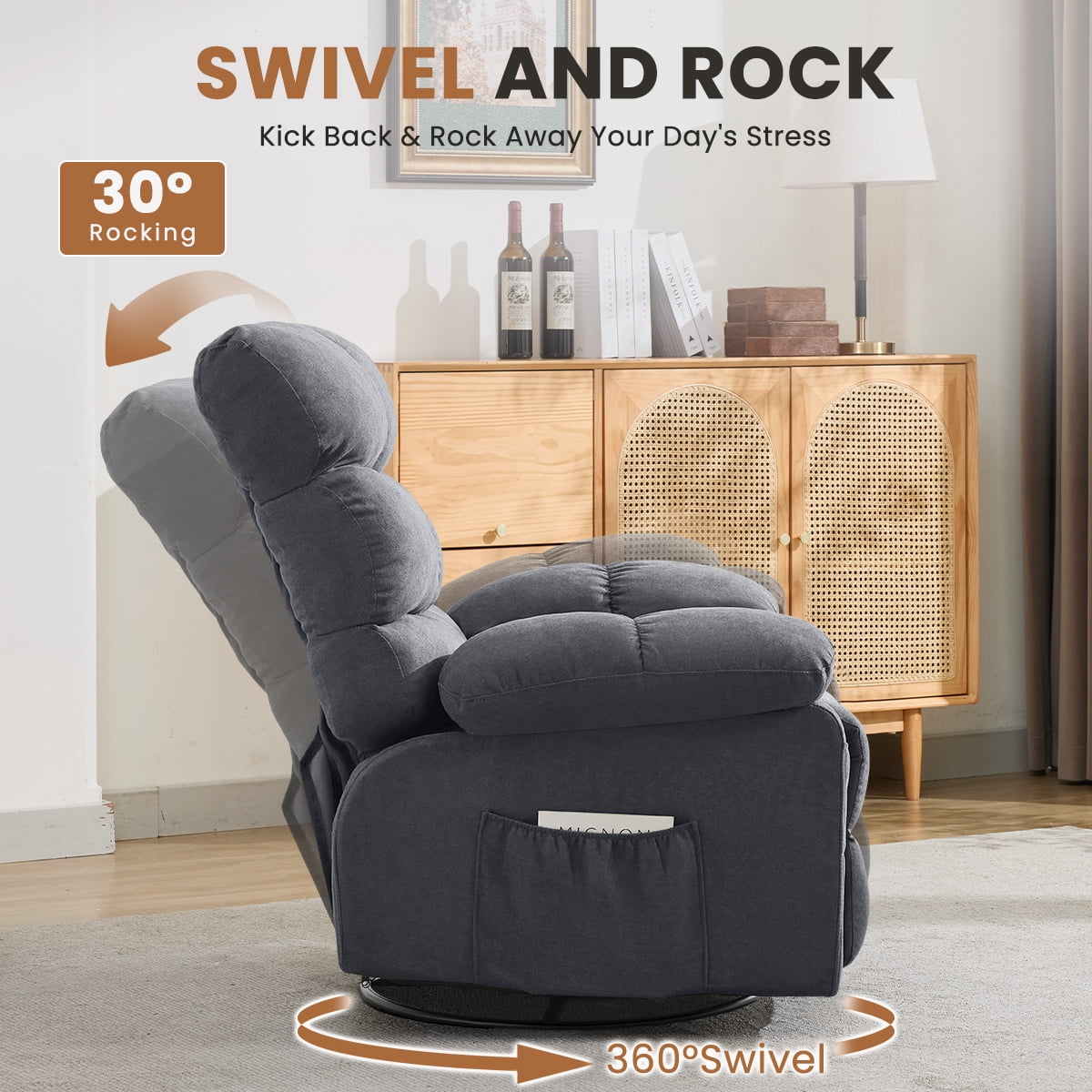 360° Swivel Manual Rocker Recliner Chair with Side and Front Pockets