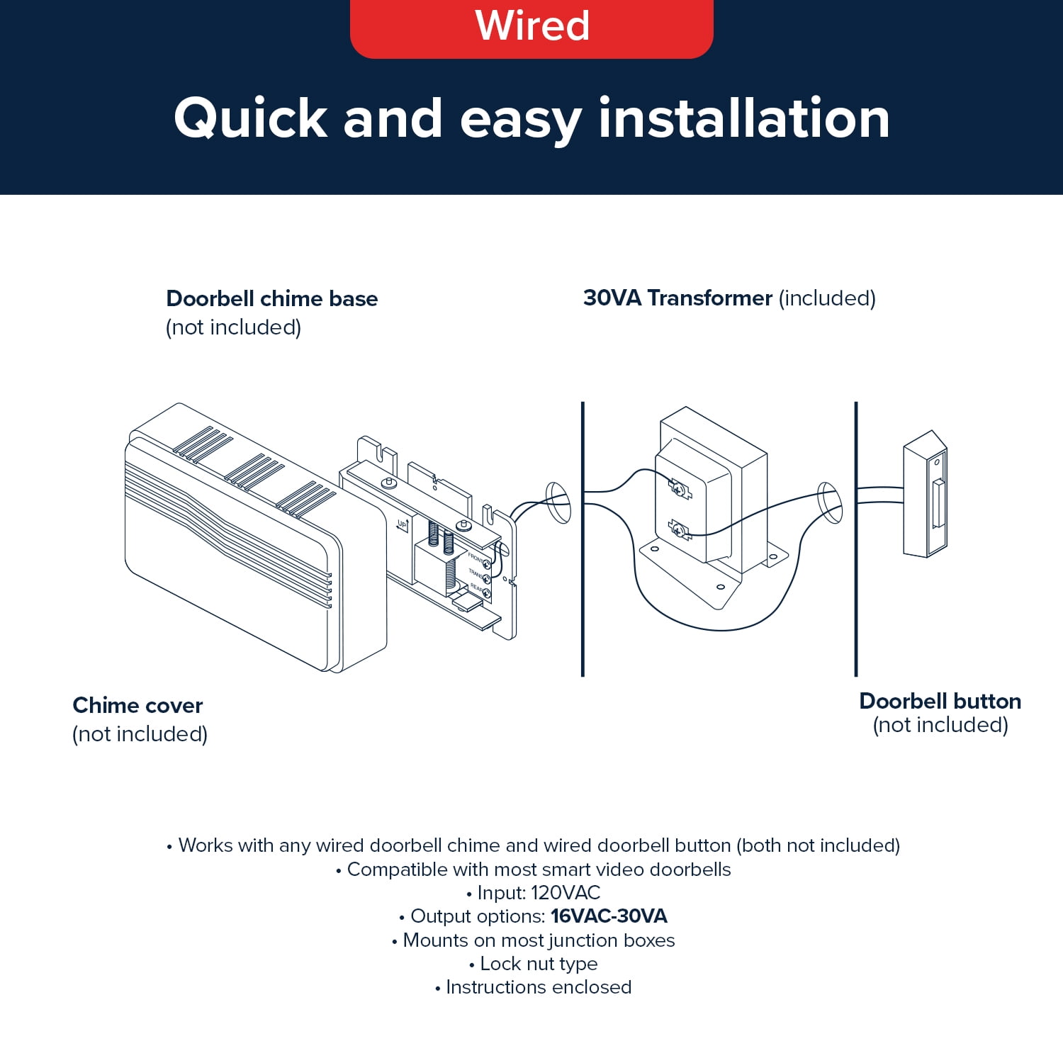 Heath Zenith 16VAC/30VA Lock Nut Wired Transformer Compatible with Most Smart Video Doorbells and Any Wired Chimes and Buttons