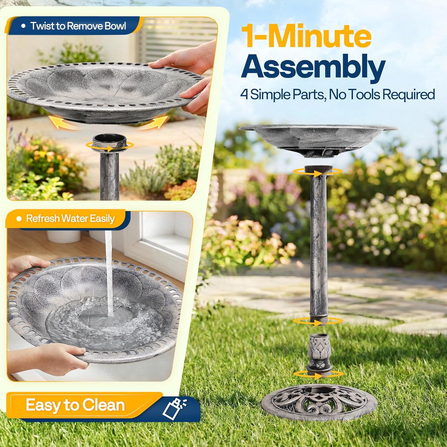SPECSTAR Bird Bath, Polyresin Antique Outdoor Gray Garden Birdbath and Solar Powered Round Pond Fountain Combo Set