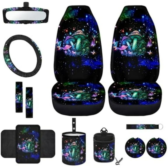 Jeiento Galaxy Mushroom 12 PCS Car Seat Covers for Front Seats with Steering Wheel Cover Seat Belt Covers Armrest Pad Trash Bin Sunglass Pocket Rear View Mirror Cover Coasters Keychain