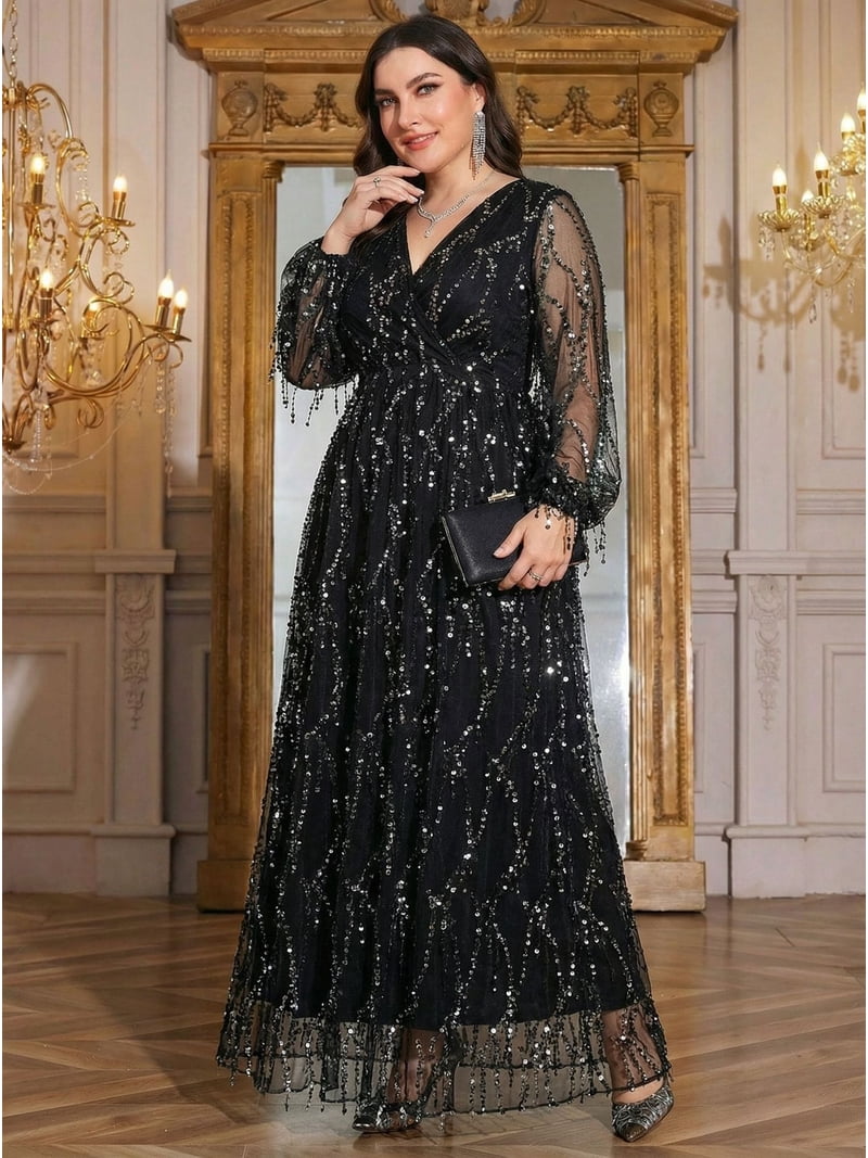 elegant sequins bridesmaid dresses AURA Plus Size Sequin Maxi Dress V Neck Long Sleeve Gown 0XL-5XL Dress a sultry side slit Tomorrowland Black Dress Shirt With Size:X-Large/17-17.5 Neck/36-37 Sleeve