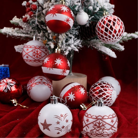 PiGOGI 30PCS 6cm Red White Christmas Ball Ornaments Snowflake Star Printed Shatterproof for Xmas Tree Decor