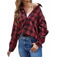 thumbnail image 2 of Womens Button Down Flannel Shirts Long Sleeve Plaid Shackets Business Casual Blouse Top Red S, 2 of 9