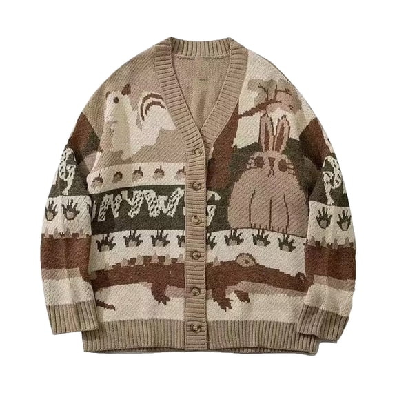 Odeerbi Cardigan Sweaters For Men Fall Winter Sweaters Button V-Neck Print Knit Top Jacket Beige