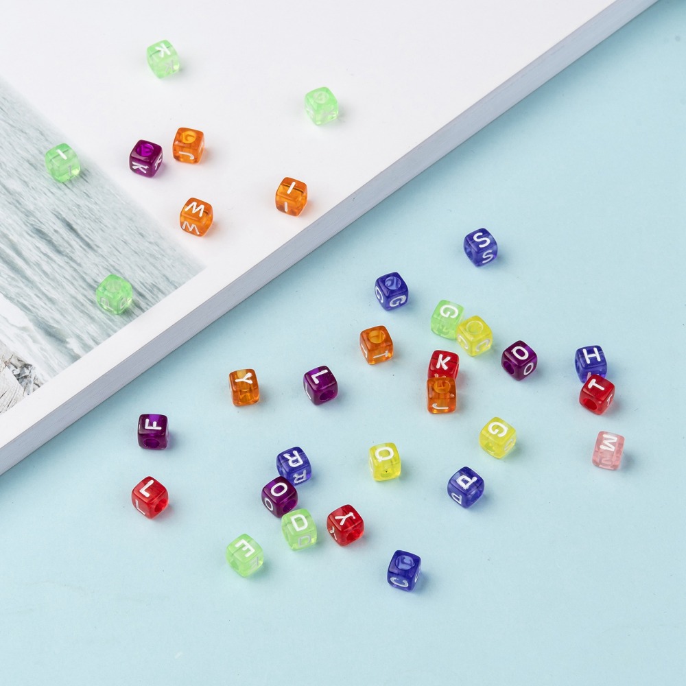 500gs Transparent Large Hole Acrylic European Beads Horizontal Hole Cube with Letter Mixed color 6x6x6mm Hole: 3.5~4mm about 3200~3600pcs/500g