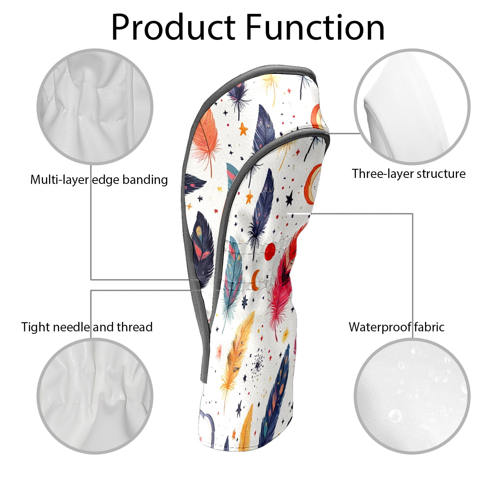 Golf Club Covers PU Leather Waterproof Head Covers for Fairway Woods Hybrids Colorful Feathers