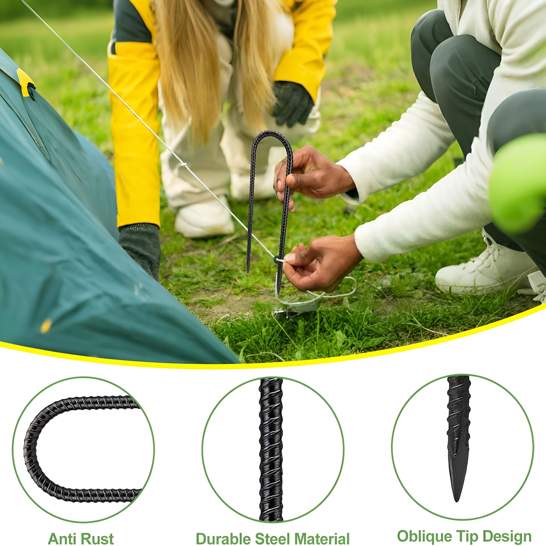 ZHZFKQ 12 Inch 8 Pack Trampoline Stakes Ground Stakes Heavy Duty Ground Anchors Rebar Stakes Garden Stakes U Hook Galvanized Steel Tent Stakes,For Camping Tents Soccer Goals,Black