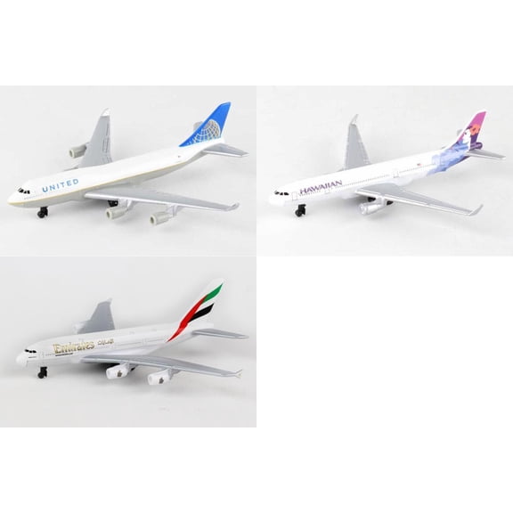 United, Hawaiian, Emirates Airlines Diecast Airplane Package - Three 5.5" Diecast Model Planes
