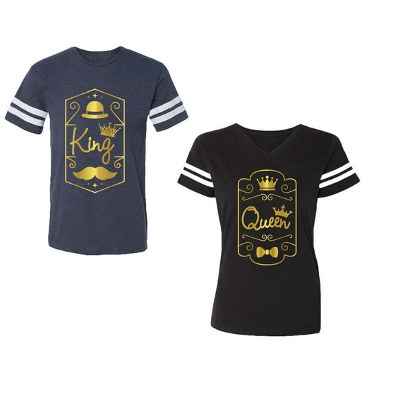 King Queen Pentagon Gold Unisex Couple Matching Cotton Jersey style T-Shirt Contrasting stripes on sleeves (Men Navy / Women Black) (Men S / Women S)