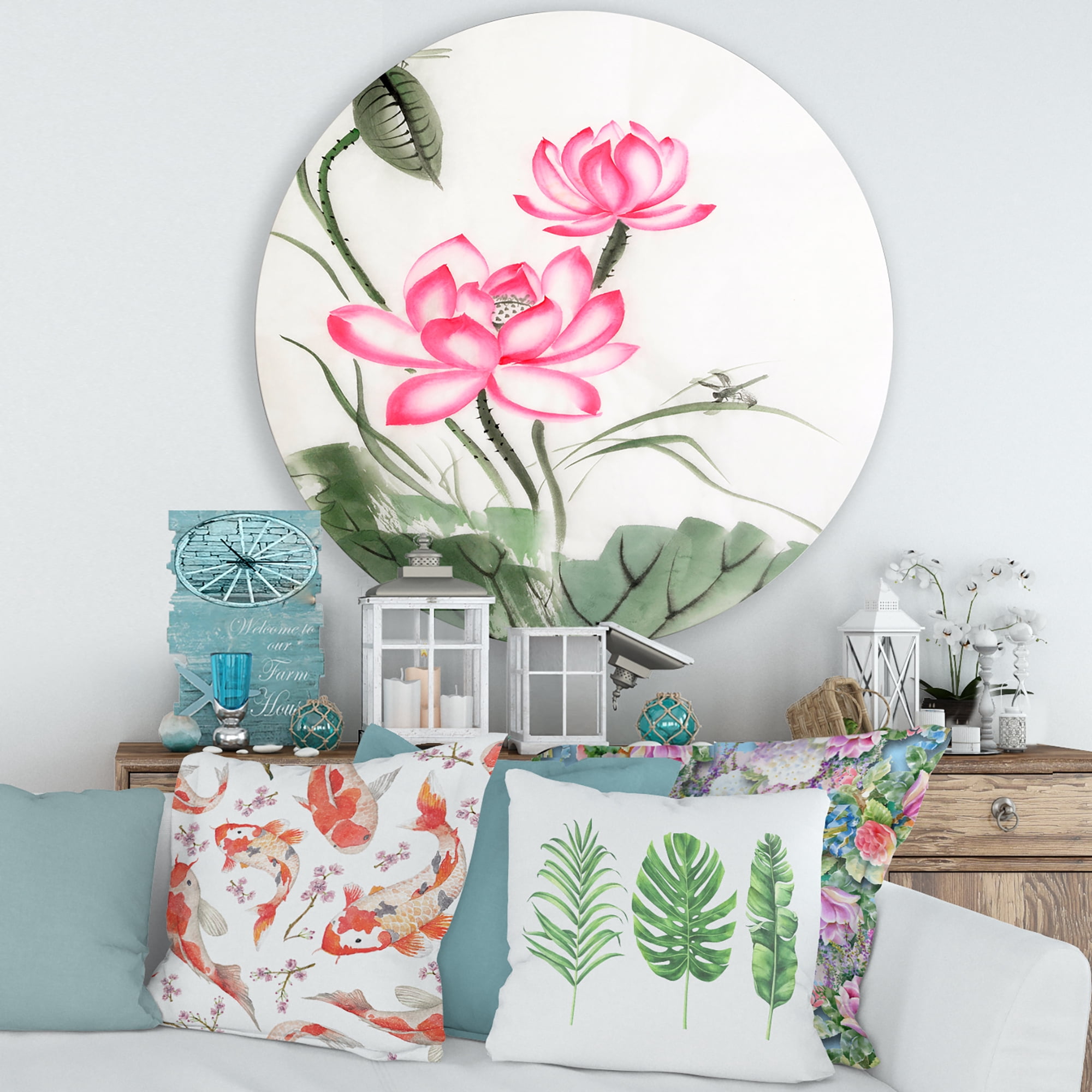 Designart 'The Dragonfly and Lotus I' Traditional Circle Metal Wall Art 36x36 - Disc of 36