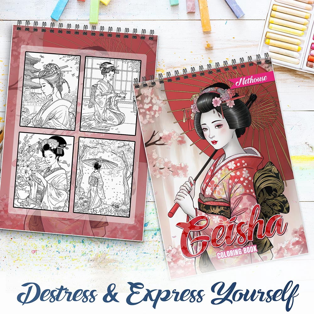 NETHOUSE Geisha Coloring Book For Adults Relaxation & Stress Relief, 30 Coloring Pages Featuring Elegant Geisha Portraits, Traditional Kimonos, Japanese Gardens, and Graceful Cultural Scenes