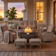 thumbnail image 2 of Patiobula Patio Furniture Set with Propane Fire Pit Table, 7 Pieces Outdoor Sectional Couch, Gray Wicker Rattan Conversation Loveseat Glider with Swivel Chair Ottomans for Backyard Deck, Gray, 2 of 15
