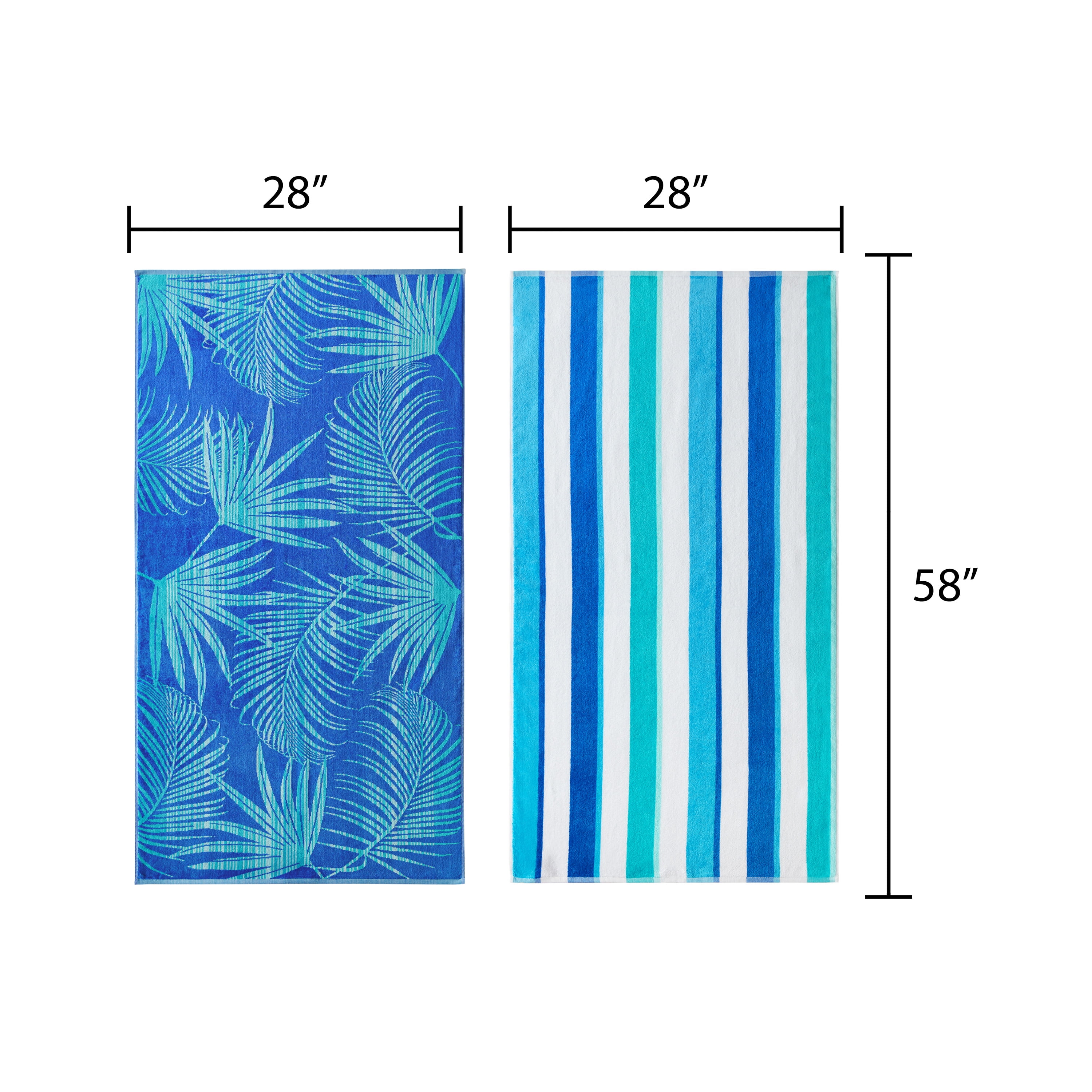 Mainstays Cotton Blend 2 Pack Blue Fronds and Stripes Beach Towels, 28" X 58"