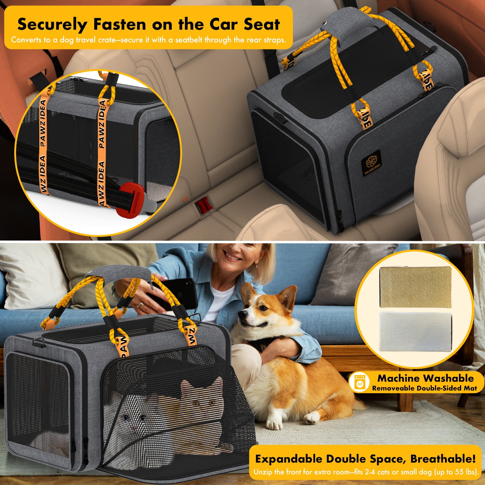 PAWZIDEA Expandable Large Pet Carrier with Wheels, 24x16x16 in Rolling Cat Carrier for 2–4 Cats up 55lb, Soft-Sided Collapsible Small Medium Dog Crate for Car Travel, Telescopic Handle