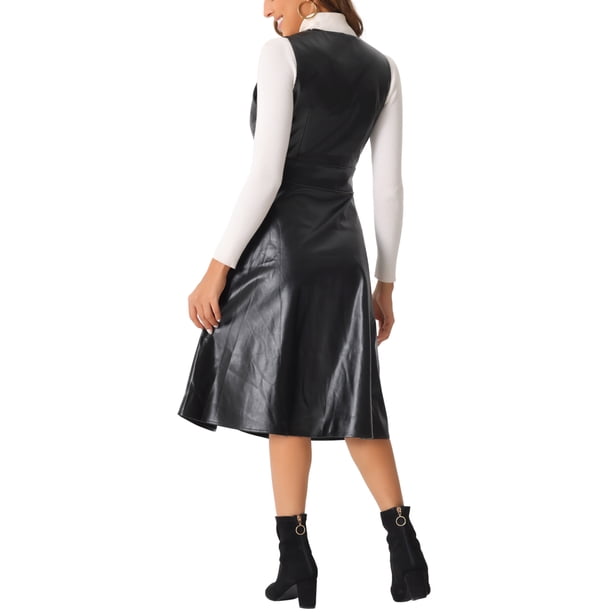 Inspire Chic Faux Leather V Neck Dress for Women's Sleeveless Button Down Casual Party Midi Dress M Black