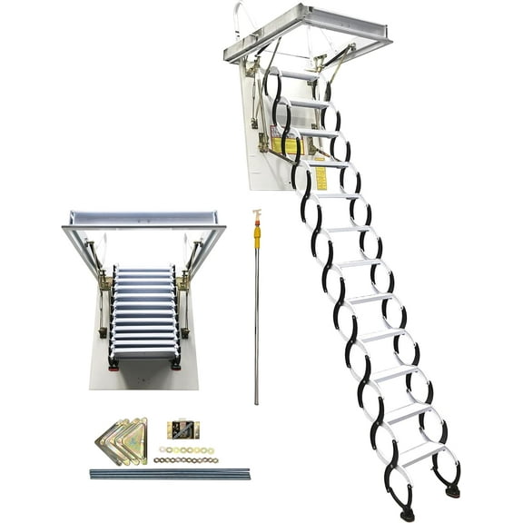 PreAsion Attic Ceiling Retractable Folding Ladder Stairs 12 Steps Extension Staircase Carbon Steel Black-white 31.5*35.4in