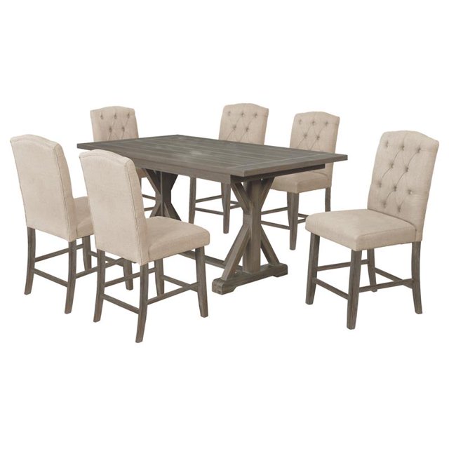Ensemble de Salle à Manger en Bois Rustique 7pc avec Table et Chaises en Lin Beige