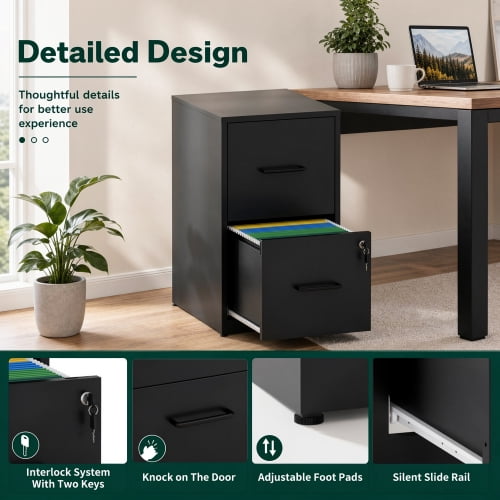 2-Drawer Lockable Metal File Cabinet with Anti-Tip Kit, Vertical Under Desk Steel Filing Cabinet with Adjustable Hanging Rails, Black