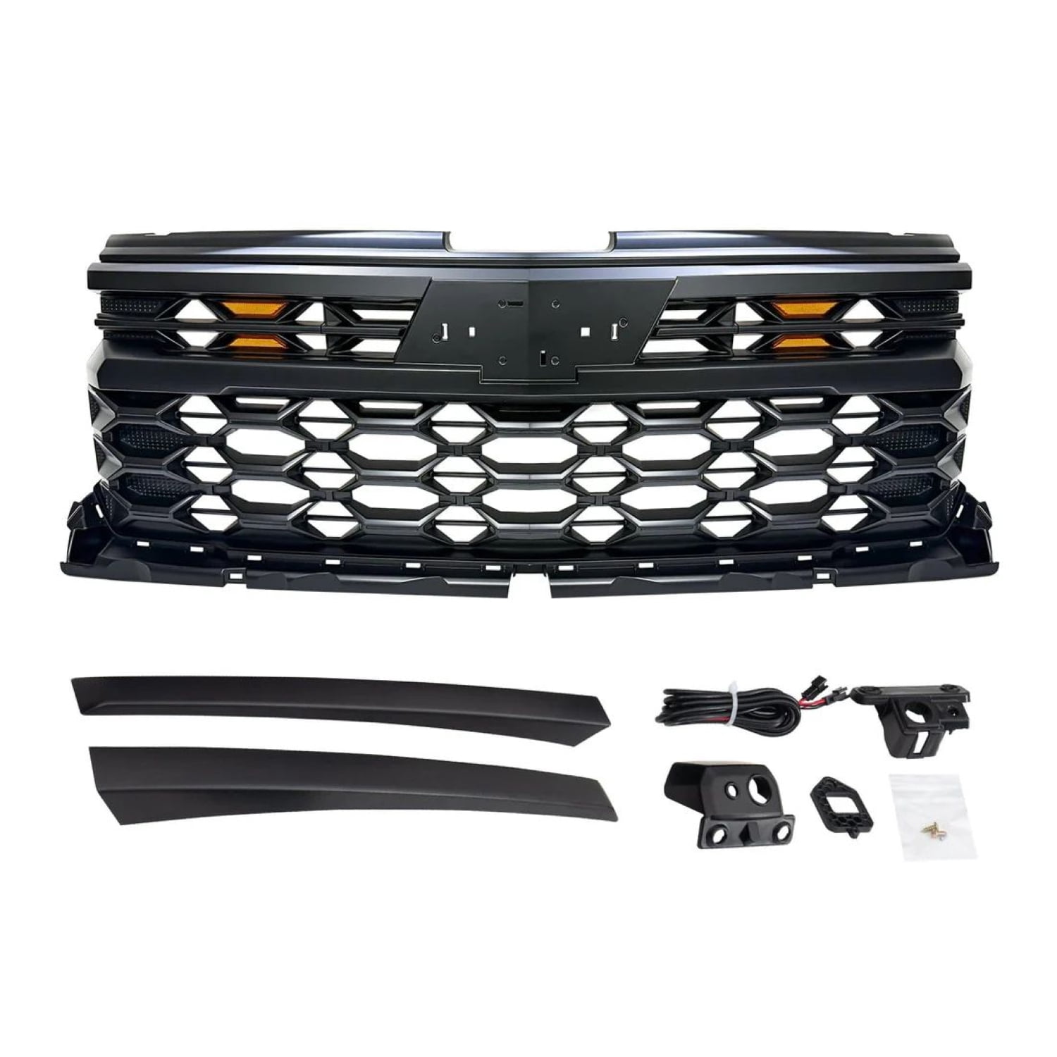 AMERICAN MODIFIED Armor Grille w/Emblem Base, Amber Lights and Front Camera Bracket for 2022-2024 Chevy Silverado 1500, Matte Black ABS