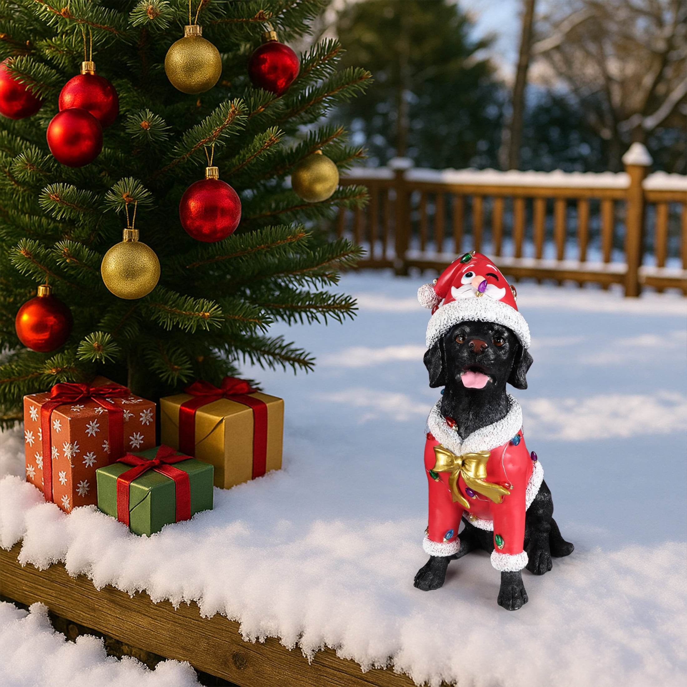Noble House Christmas Labrador Retriever Statue, Cheerful Holiday Dog Figurine in Santa Outfit, Black Fur & Red Shirt