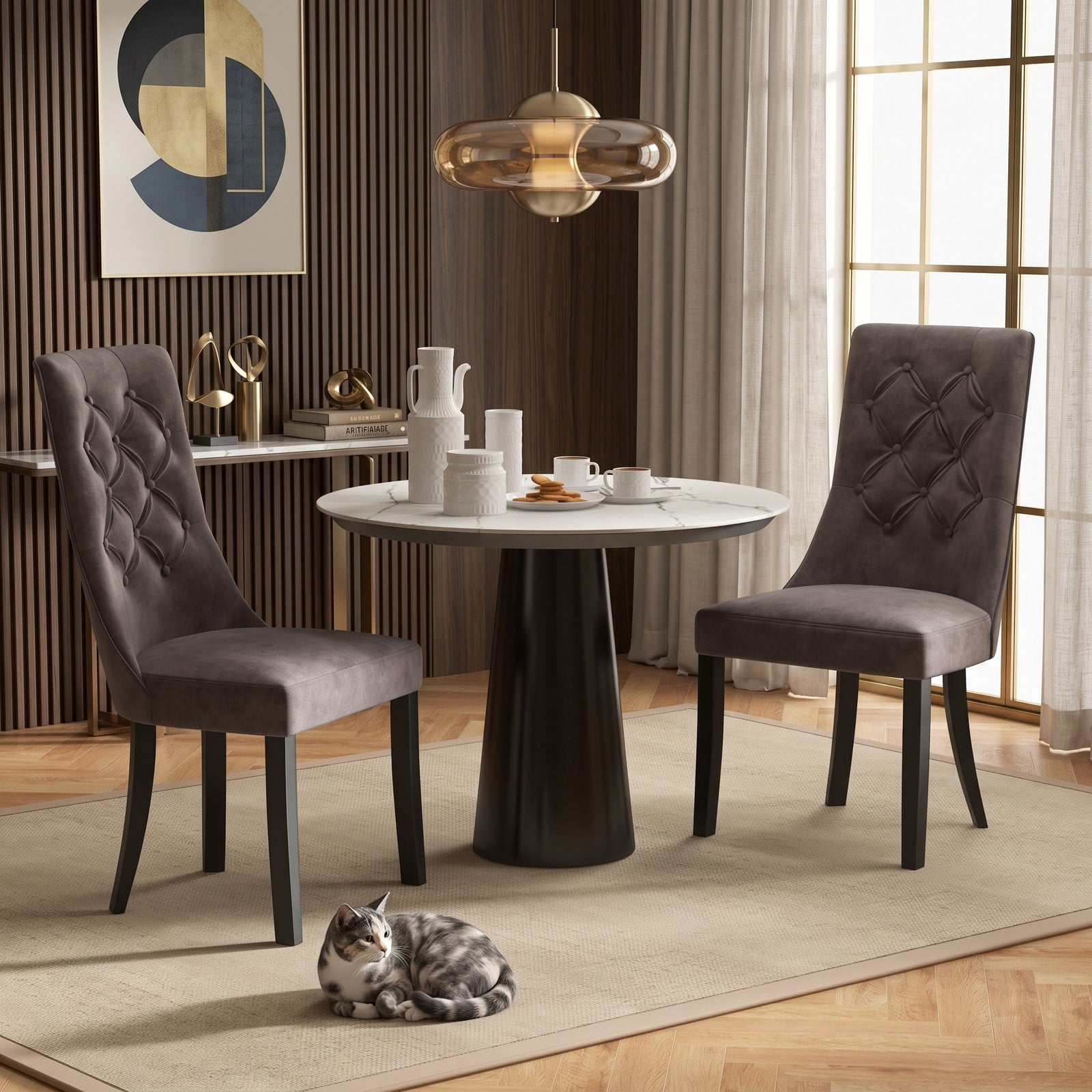 Furnibear Tufted Dining Chairs Set of 2, Upholstered Velvet Accent Side Chairs with High Backrest, Padded Seat and Rubber Wood Legs for Kitchen Living Room, Light Gray