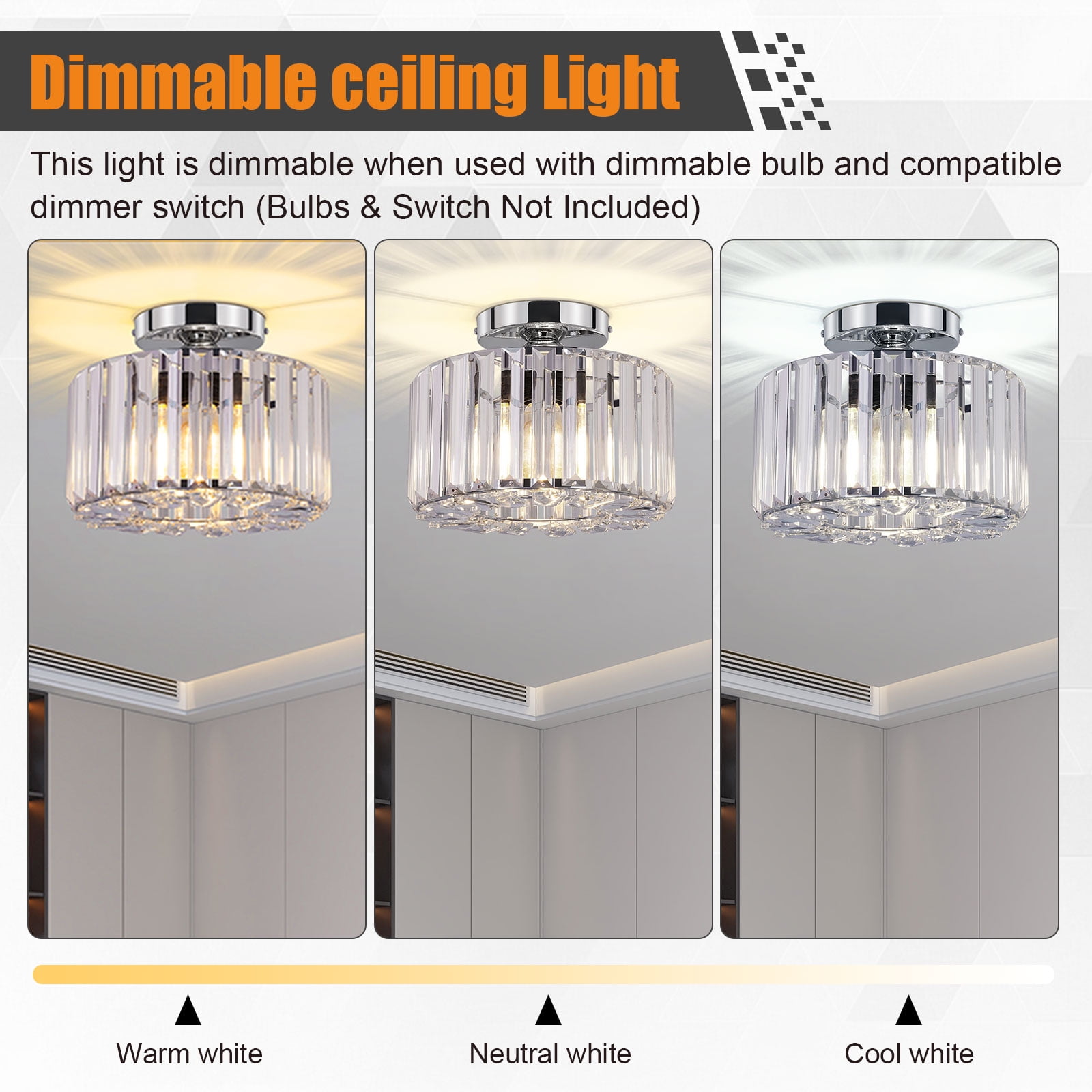 Frideko Home Crystal Ceiling Light Fixture, 9" Chrome Modern Semi Flush Mount Ceiling Light, E26 Base for Light Bulbs, Crystal Chandelier for Kitchen Bedroom Bathroom Hallway (Bulb not Included)