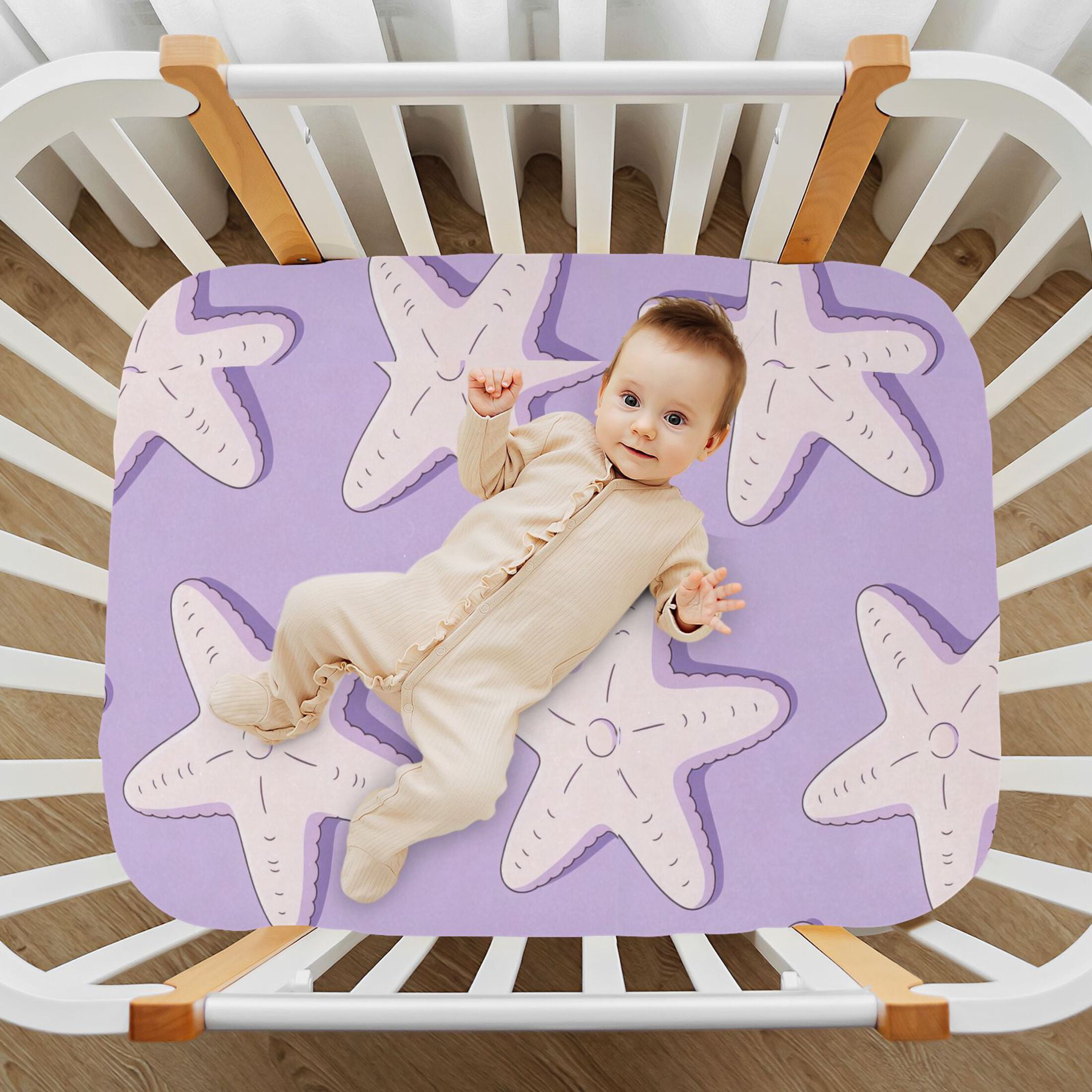 Baby Essentials 52”x 28”- Standard Cotton-like Modal Elastic- Purple Starfish Design Crib Sheets for Newborns and Toddlers
