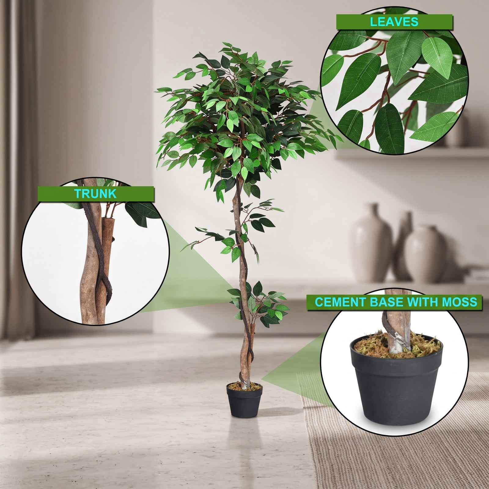 ALPULON 5.5 FT Artificial Ficus Silk Tree with Real Wood Trunks and Plastic Pot, Faux Potted Floor Plant for Home Office Living Room Corner Decor, Green