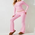 thumbnail image 5 of LYMAYTER Casual Two Piece for Women's Long Sleeve Crew Neck T-shirt High Waist Foldover Flare Pants Sets, 5 of 9