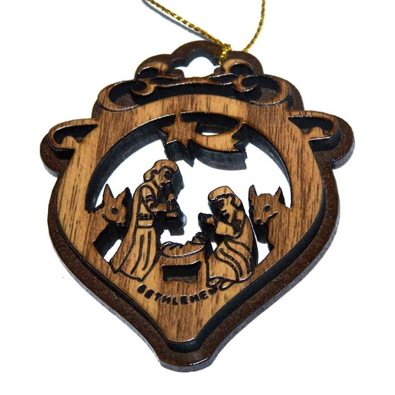 Two Layers Mahogany with Olive Wood Holy Family Nativity Scene Ornament Gift Carved by Laser - Olive Wood (7 cm or 2.8 inch with Certificate) and Gold String