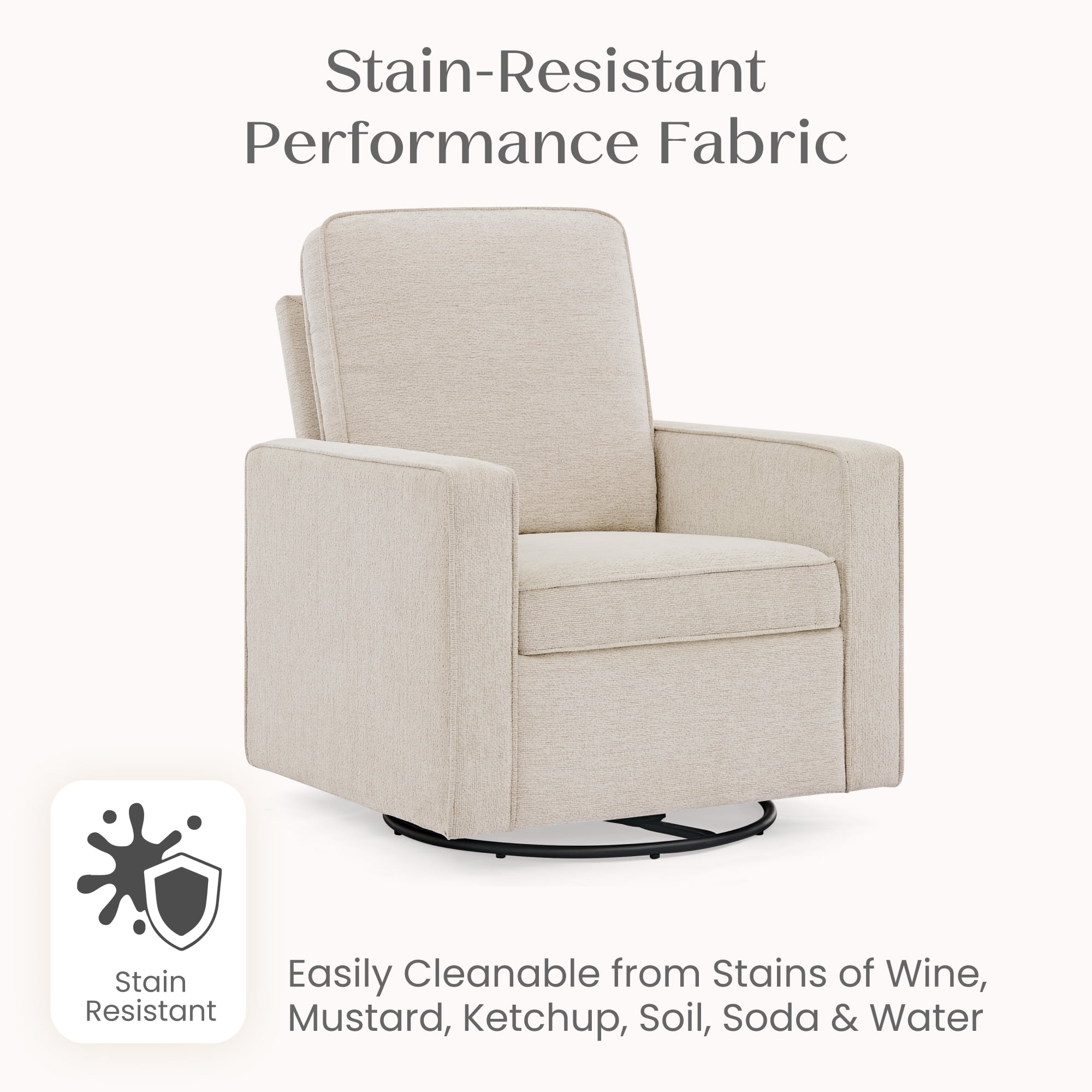 Delta Children Noah Upholstered Swivel Glider with Stain-Resistant Performance Fabric- Greenguard Gold Certified, Almond