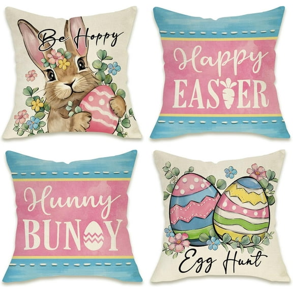 hofaaa Happy Easter Hunny Bunny Decorative Throw Pillow Covers 18 x 18 Set of 4, Rabbit Egg Hunt Blue Pink Porch Patio Spring Outdoor Pillowcase, Flower Eucalyptus Leaves Cushion Case Home Decor